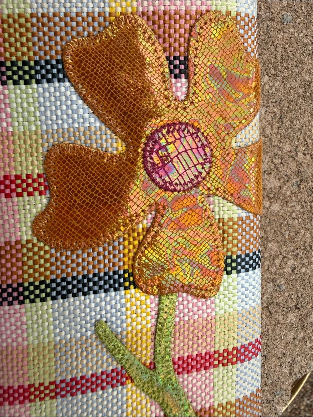 Chi Falchi Woven Plaid Purse w/ Floral Metallic Appliqué NEW